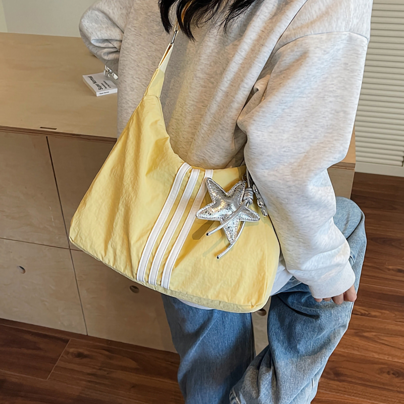 条纹帆布包包女2025新款时尚休闲百搭单肩斜挎包通勤大容量托特包