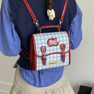 红色苹果手提迷你双肩包女2025新款超火可爱小书包小清新格子背包