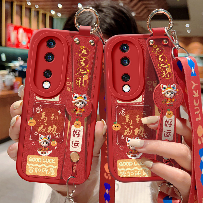 适用华为荣耀80手机壳防摔Honor 80Pro马到成功卡通保护套荣耀80GT斜挎挂绳80se腕带小羊皮软胶全包边新年款