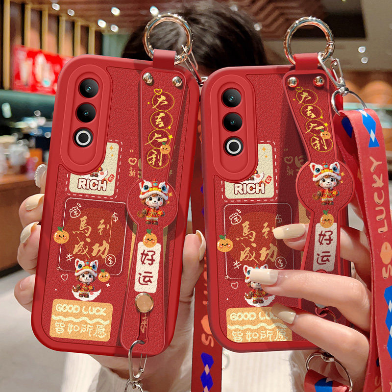 适用于oppok12手机壳防摔K12x马到成功卡通保护套OPPO斜挎挂绳K12Plus腕带小羊皮软胶全包边新年款红色外壳女