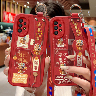 适用三星A55手机壳防摔Galaxy A54红色小羊皮保护套盖乐世A53祝福文字A52 5G可斜挎腕带背带挂绳蛇年好运新款