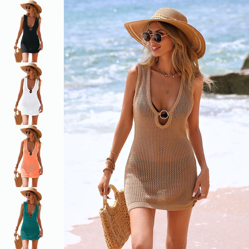 2026 New Holiday Beach Skirt Vest Skirt Hollow Dress Deep V