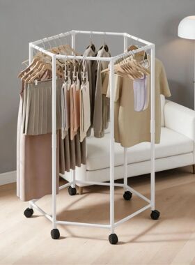 Multifunctional Clothes Storage Rack Movable Rotating Hexago