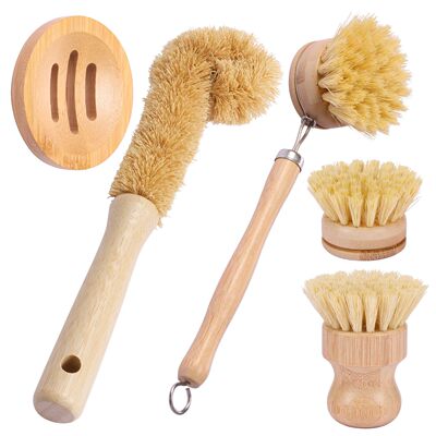 4/5Pcs Bamboo Dish Brush Set Pot Cleaning Brush Long Handle