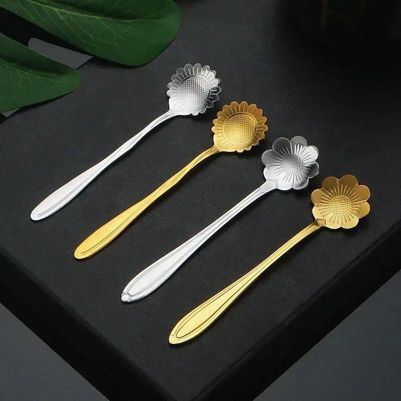 6pcs Stainless Steel Cherry Rose Flower Gold Scoop Coffee Sp