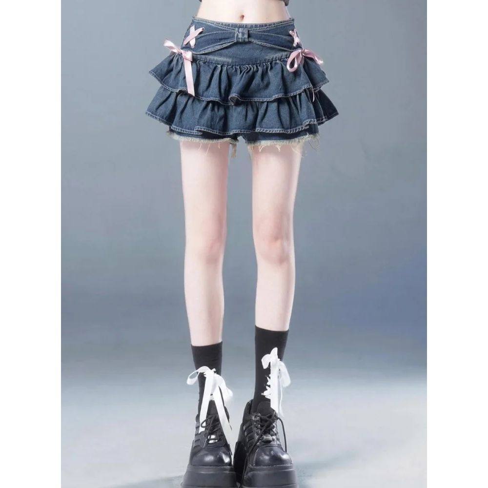 Blue Denim Pleated Skirt Bow Fold Design Women's A-line Shor