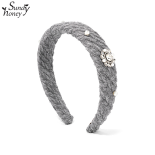 Sundyhoney后现代时尚毛线发箍珍珠镶嵌秋冬款头箍气质文艺范发饰
