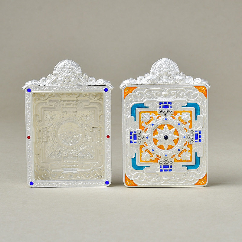 纯铜嘎乌盒花草纹直角坛城单面唐卡壳方形复古唐卡吊坠男女款挂件