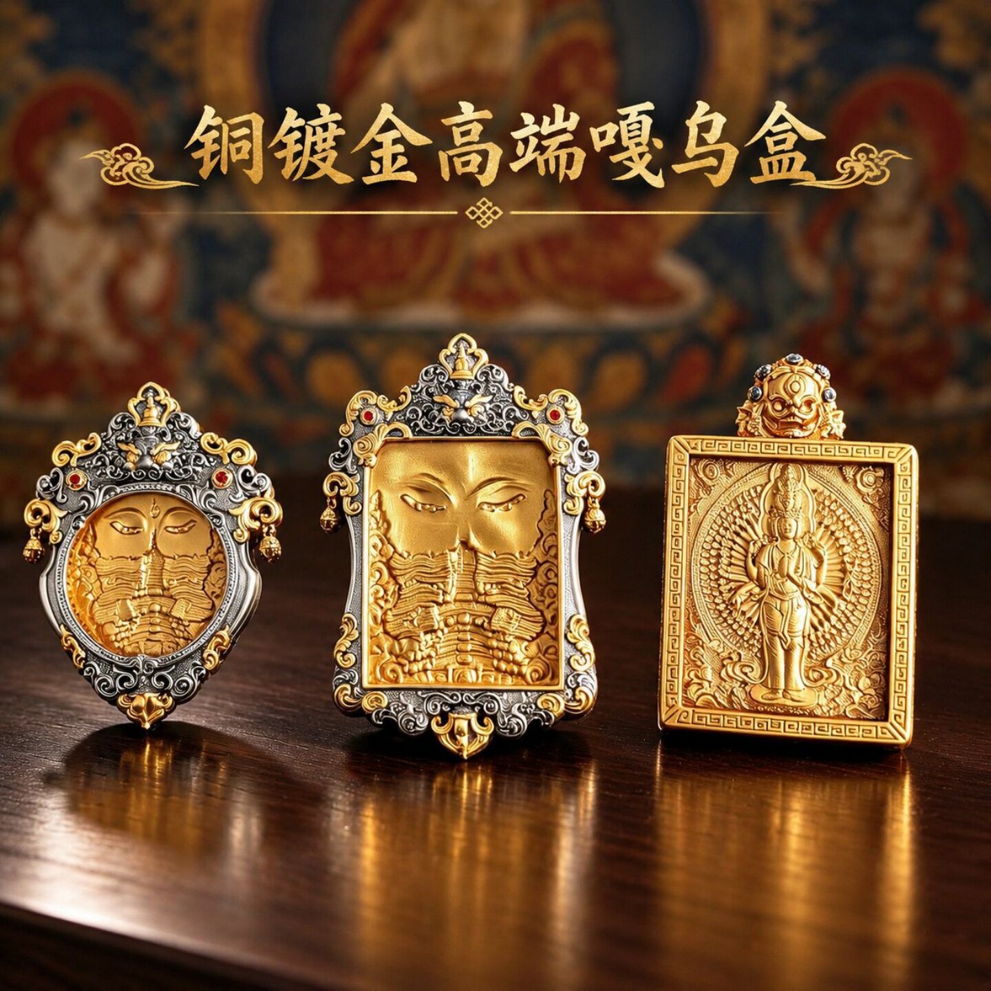 藏式精工浮雕铜镀金嘎乌盒吊坠