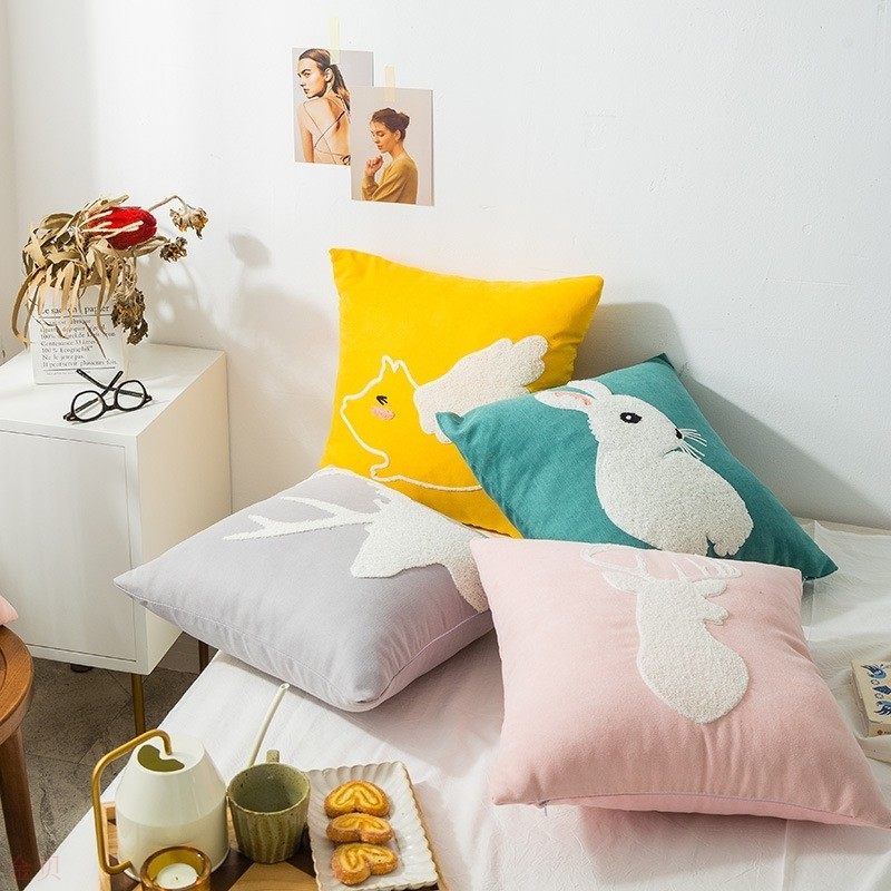 pillowcase简约全棉毛巾绣抱枕套可爱卡通家居装饰沙发靠套