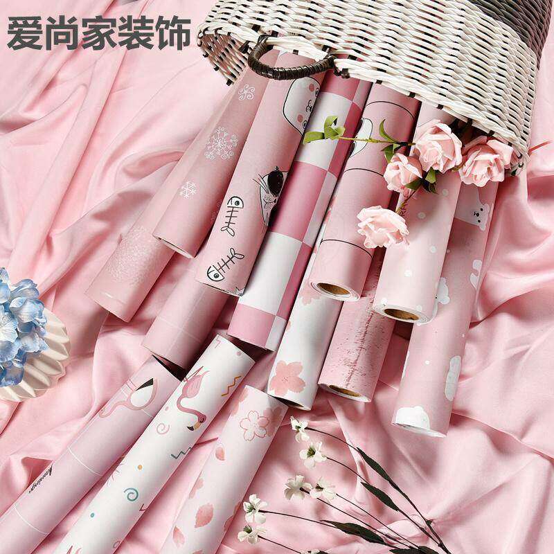 粉色系墙纸自粘网红壁纸少女心卧室温馨格子贴纸布置宿舍装饰墙贴