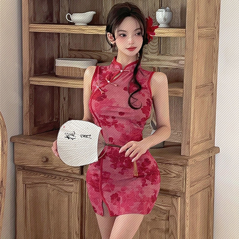 时尚印花无袖改良连衣裙镂空高腰气质修身开叉显瘦包臀旗袍裙