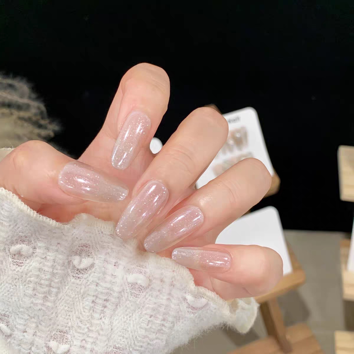 手工穿戴甲爆闪美甲贴片短款裸色