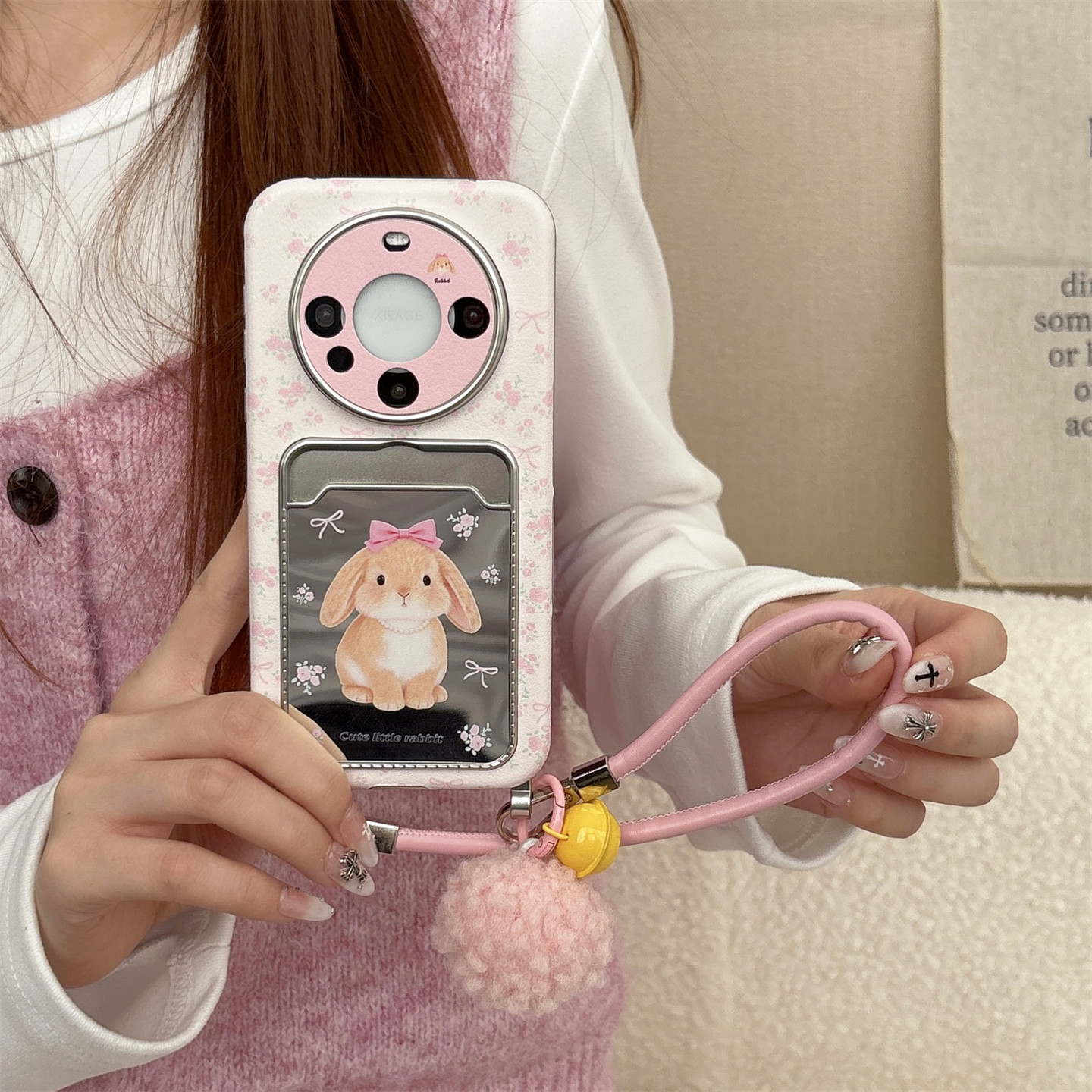 少女粉碎花兔子镜面卡包适用华为mate80promax手机壳挂绳mate70pro女款mate60pro气垫皮纹pura80pro+全包防摔,3C数码配件,手机保护套/壳,淘宝优惠券,粉丝福利购,淘宝优惠卷