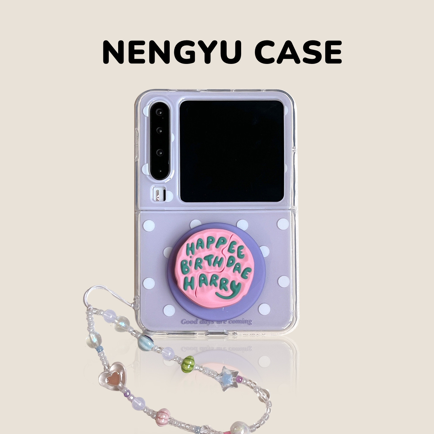 小清新紫底白波点适用华为PuraX折叠屏手机壳Pocket2字母磁吸支架novaFlip卡通三星Zflip65链条荣耀VFlip女款