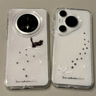 冬日雪地雪花小狗猫咪适用华为Mate80promax手机壳链条Mate70pro圆边新款 Pura80pro防摔Mate60pro保护套p70P