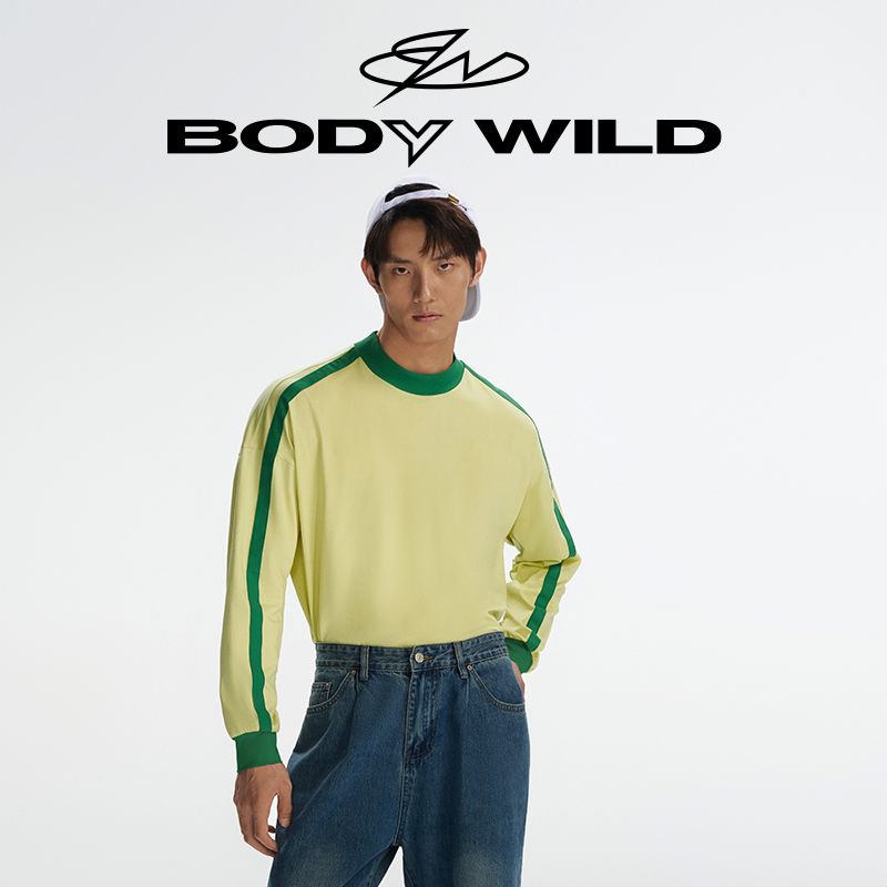 圆领拼接长袖上衣t恤男