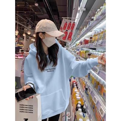 天蓝色加绒加厚连帽休闲卫衣女2025年新款秋冬洋气宽松设计感外套