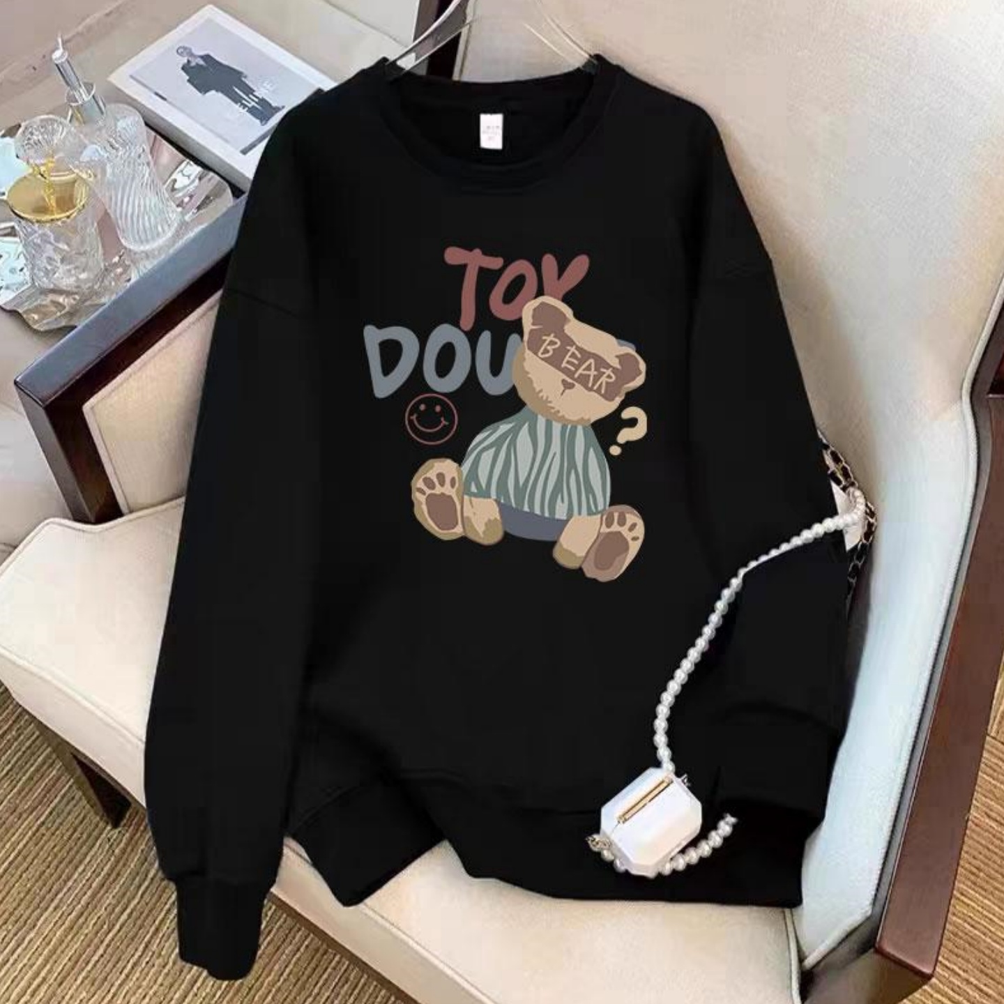 欧货大码圆领卫衣女2025早秋新款宽松慵懒风黑色衣服秋冬加绒外套