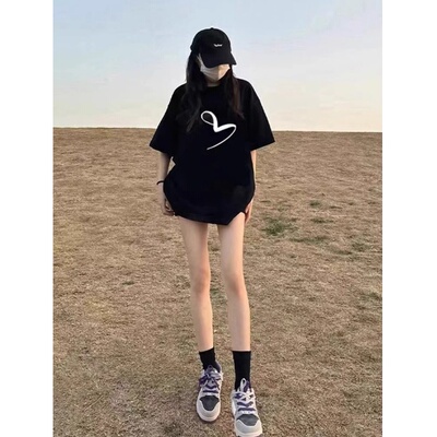 黑色大版短袖t恤女夏2025新款爆款宽松纯棉中长款遮屁股美式上衣