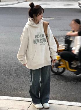小个子连帽白灰色卫衣女秋冬2025新款爆款宽松大版学生慵懒风外套