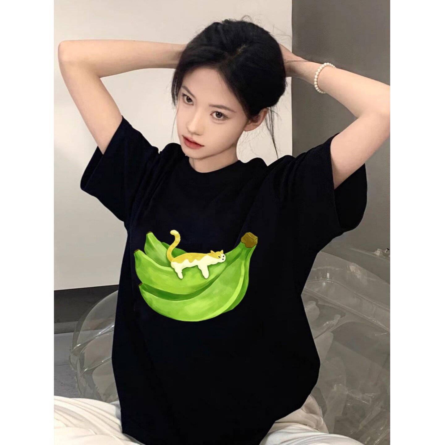 纯棉慵懒风黑色短袖t恤女2026夏季新款香蕉猫咪印花宽松圆领上衣
