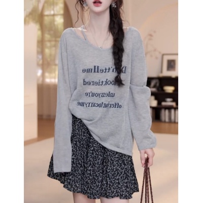 字母灰色冰丝防晒衣罩衫女2025夏季新款露肩薄款长袖t恤宽松上衣