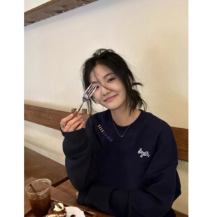 秋冬宽松加绒无帽上衣 爆款 美式 复古藏蓝色圆领重磅卫衣女2025新款