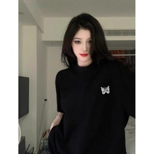 大版黑色美式纯棉短袖t恤女2025新款宽松韩版慵懒风蝴蝶印花上衣