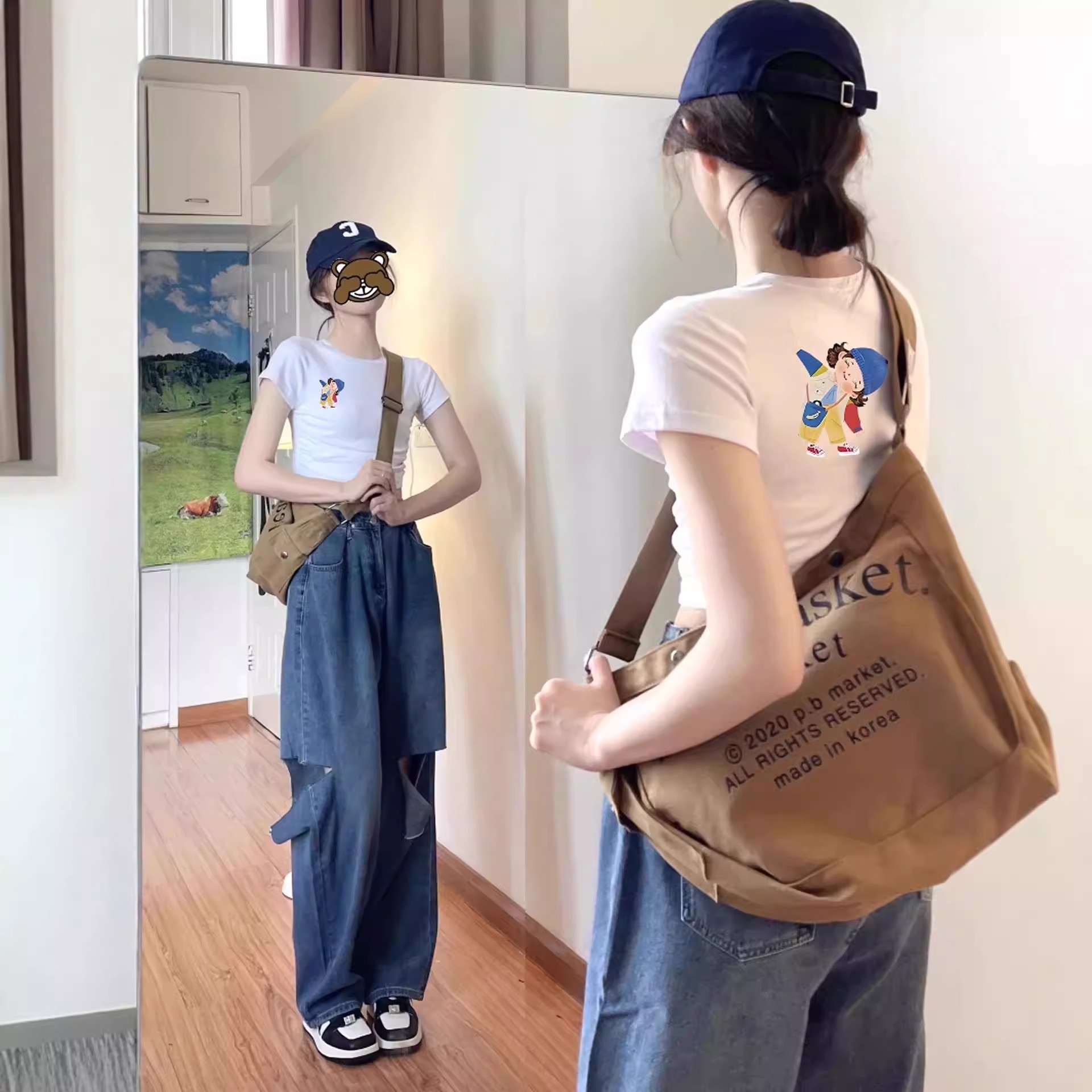 白色正肩印花短袖t恤女2025夏季新款设计感掐腰短款bm辣妹小上衣