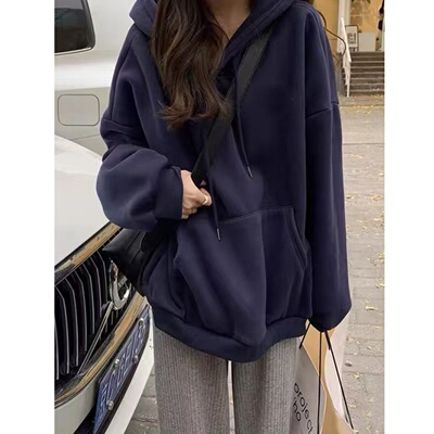 藏蓝色重磅卫衣女2025新款秋冬加绒加厚中长款纯色保暖大码连帽衫