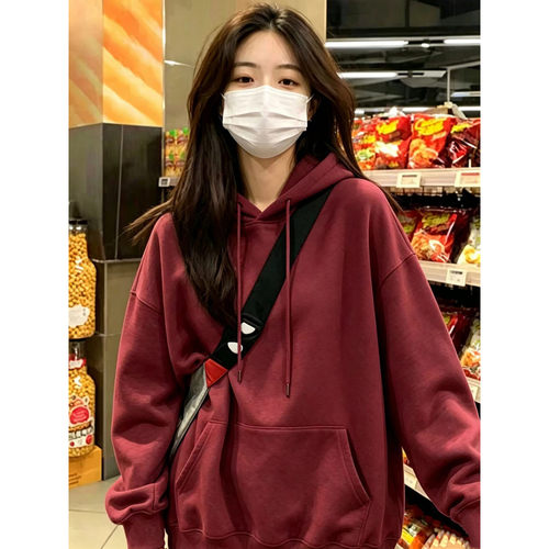 加绒加厚连帽卫衣女酒红本命年