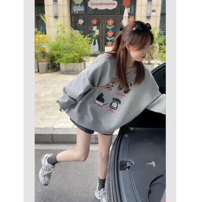 灰色圆领卫衣女秋冬2025新款爆款早秋薄款无帽加绒加厚长袖上衣潮