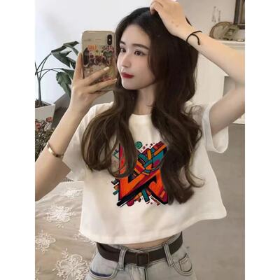 潮流露脐短款宽松纯棉短袖t恤女夏季新款小众设计感辣妹减龄上衣