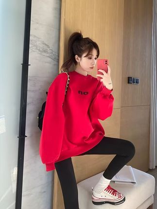 本命年红色卫衣女加绒加厚2025秋冬新款欧货宽松中长款遮屁股上衣