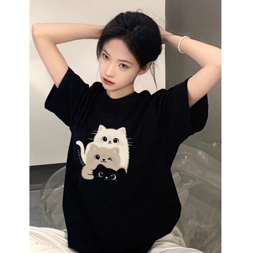 可爱小猫印花黑色纯棉短袖t恤女2026新款夏季宽松设计感小众上衣