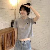 修身 新款 瘦正肩体恤高腰上衣潮 t恤女小个子2026夏季 欧货纯棉短款