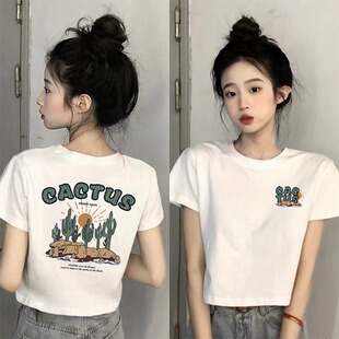 白色纯棉短袖T恤女夏季2026新款韩版宽松打底衫高腰短款百搭上衣