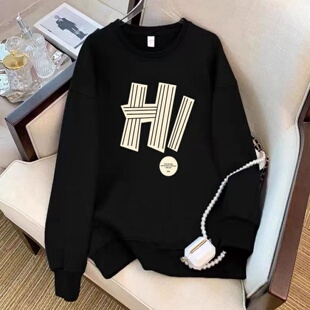 黑色圆领重磅卫衣女款秋冬2026新款爆款宽松大码长袖上衣加绒外套