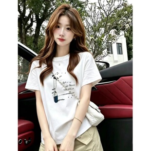 韩版圆领短袖t恤女夏季白色印花宽松百搭减龄显瘦时尚上衣常规款
