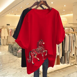 马年本命年衣服红色纯棉短袖t恤女2026新款爆款大码宽松上衣定制