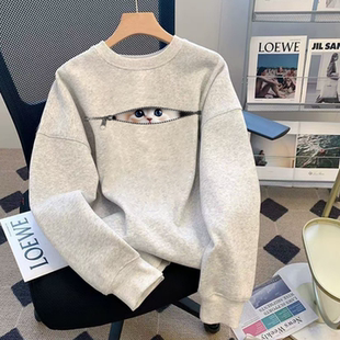 猫咪圆领卫衣女款2026秋冬新款加绒加厚白灰色外套减龄中长款上衣