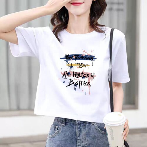 欧货白色修身短款上衣女2026夏季新款高腰洋气百搭印花短袖t恤女