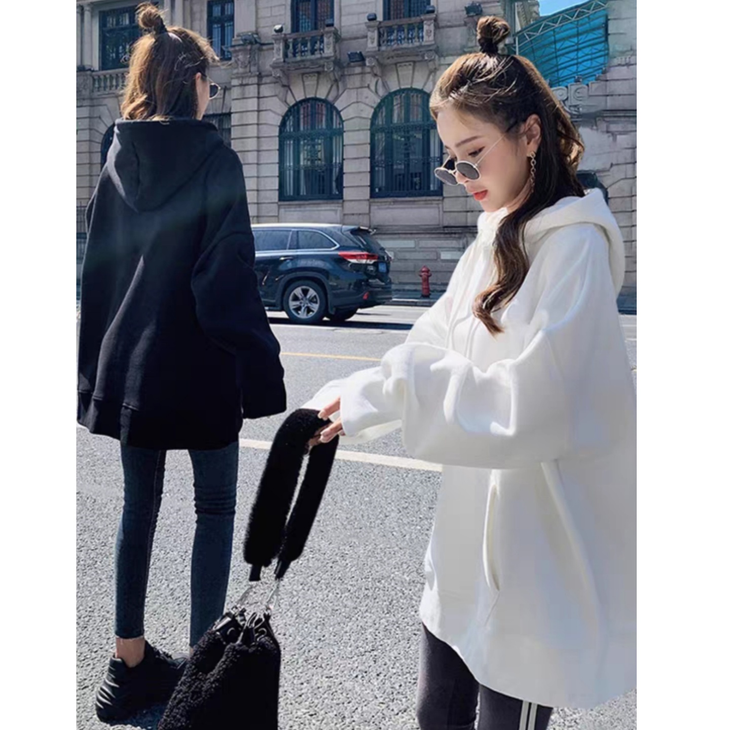 白色连帽重磅卫衣女早秋新款韩版宽松慵懒风中长款遮屁股上衣外套