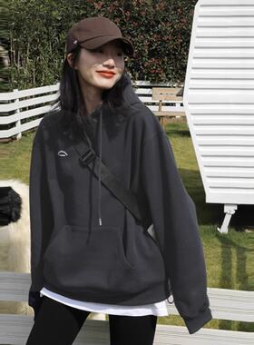 深灰色连帽卫衣女2025春秋新款爆款设计感美式复古帽衫高级感显瘦