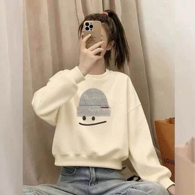 杏色圆领短款卫衣女宽松保暖秋冬2025爆款小个子加绒加厚长袖上衣