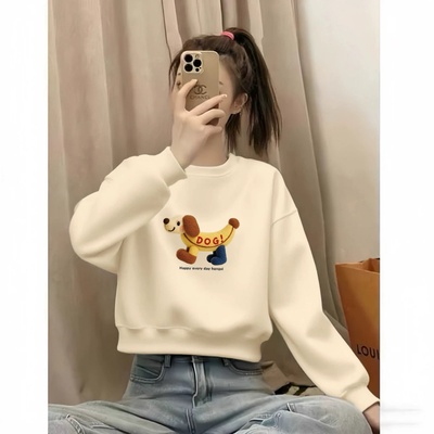 杏色小个子短款卫衣女宽松2025秋冬新款狗狗印花加绒加厚圆领上衣