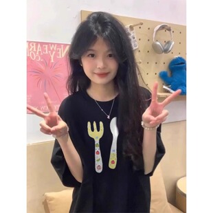 国潮纯棉美式 上衣夏 高街黑色短袖 t恤女设计感小众初中生宽松半袖