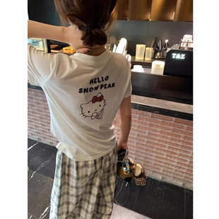 Kitty猫后背印花短袖 圆领白色上衣潮 t恤女正肩夏季 显瘦设计感短款