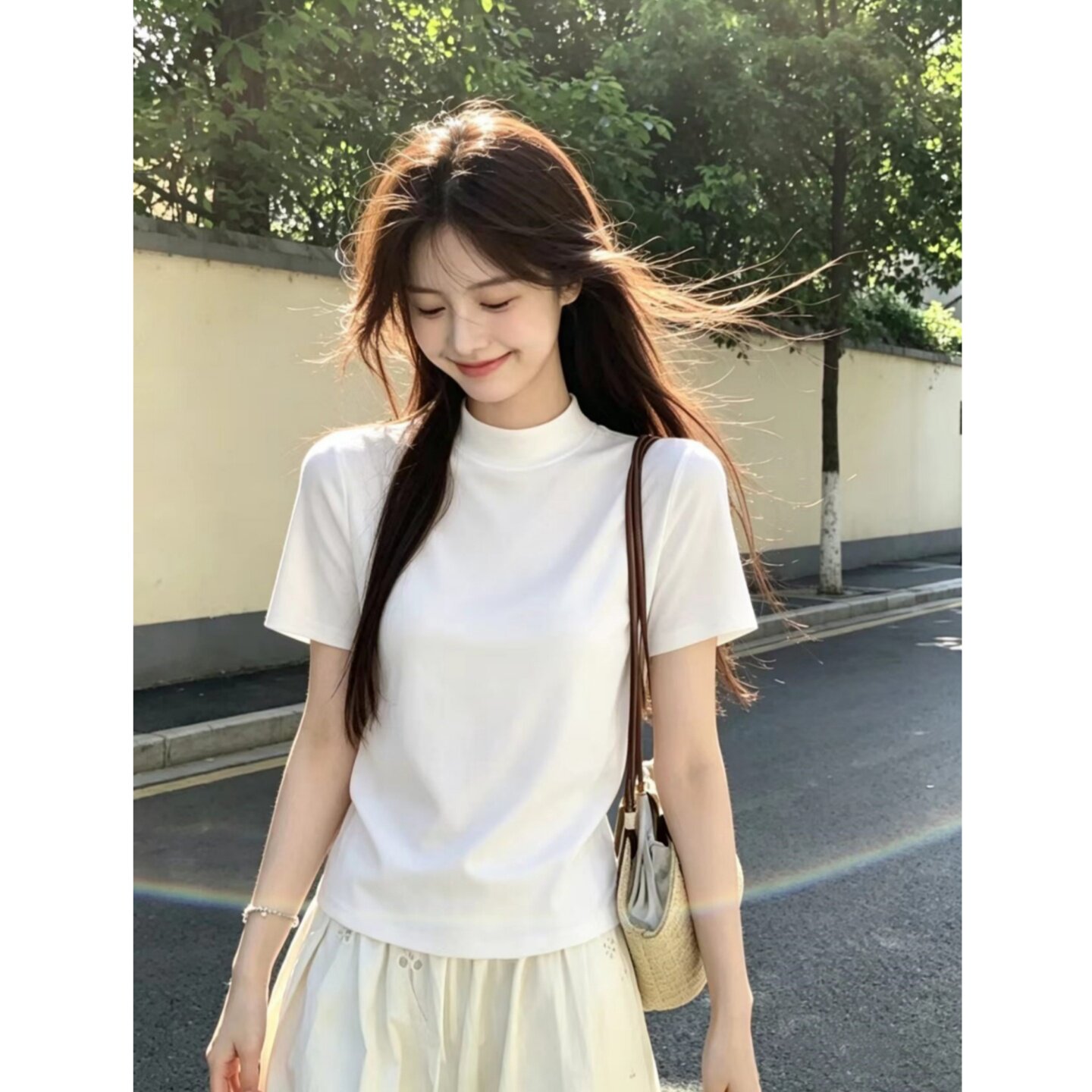 夏季白色半高领短袖t恤女2026新款通勤风显瘦百搭打底衫纯色上衣图片